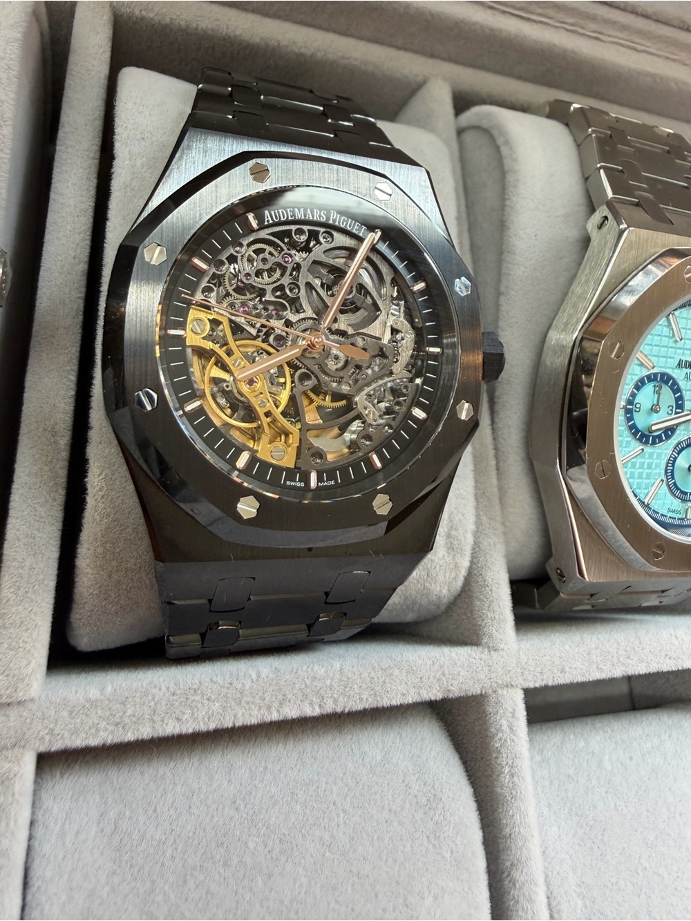 Audemars Piguet Black Skeleton Dial Watch with Gold Movement Accents